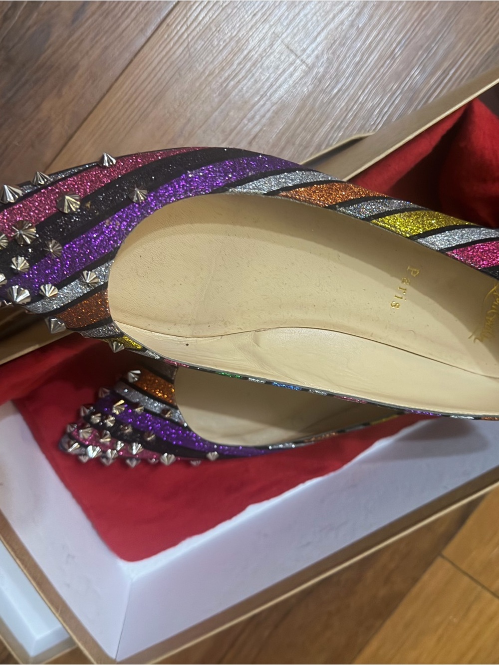 Christian Louboutin Rainbow Glitter Studded Pointed Flats